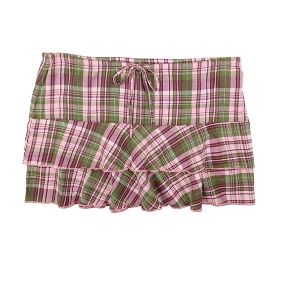 Vintage Y2K ROXY Plaid Mini Skirt Small Pink Tiered Ruffle Tie Waist 90s Preppy - Picture 1 of 7